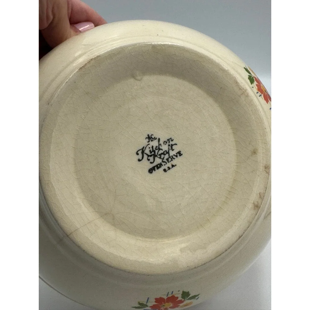 Vintage Homer Laughlin Kitchen Kraft Oven Serve‎ Floral Mixing Bowl Red Rim USA